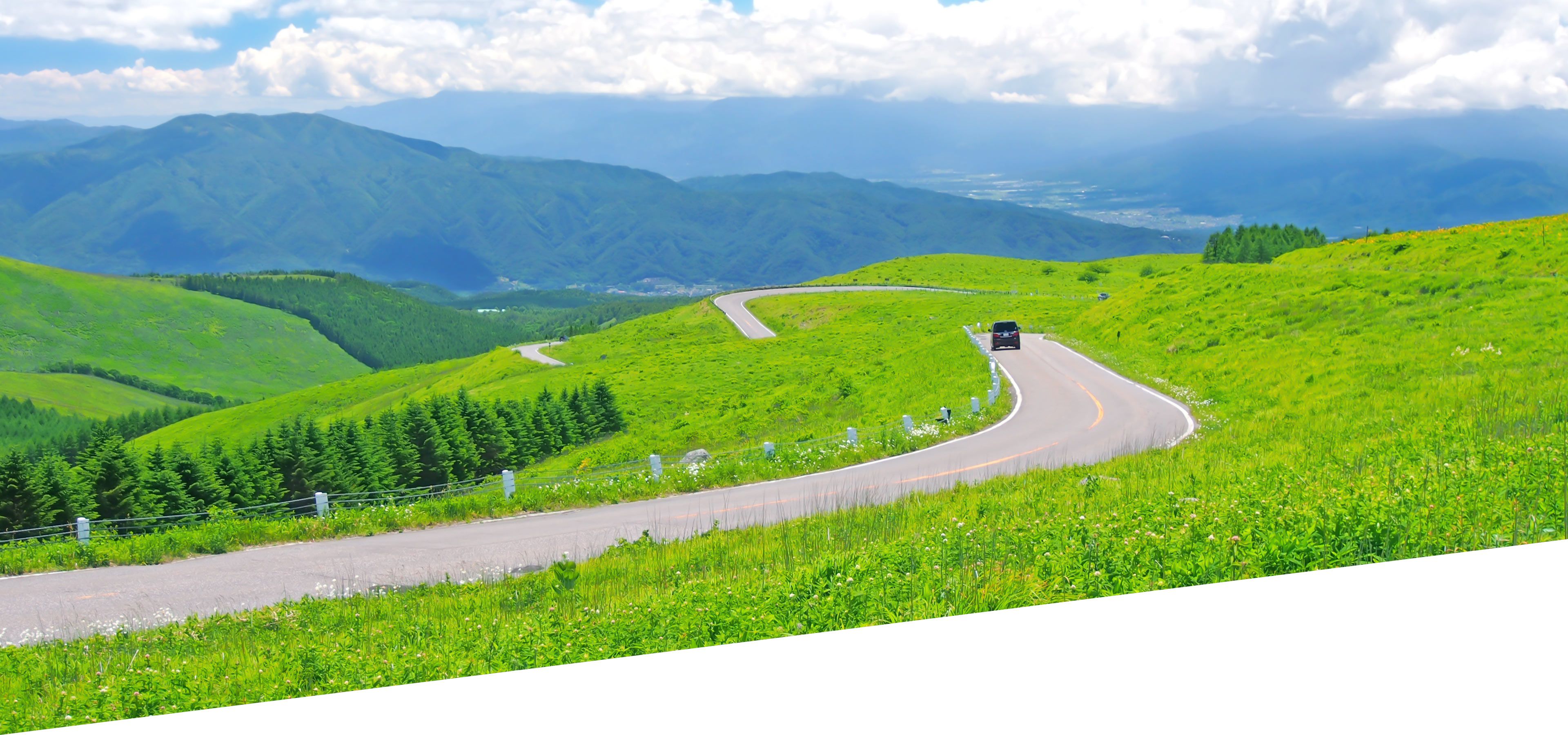 北海道の雄大な自然の中を走る車